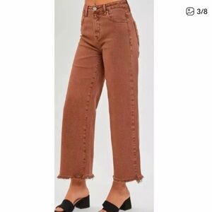 Risen Jeans Cropped Wide Leg Raw Hem Cotton Stretch Brown Sz 7 / 28